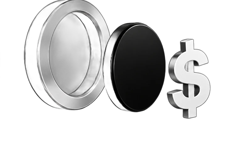 A coin taken apart: ring, face and dollar sign